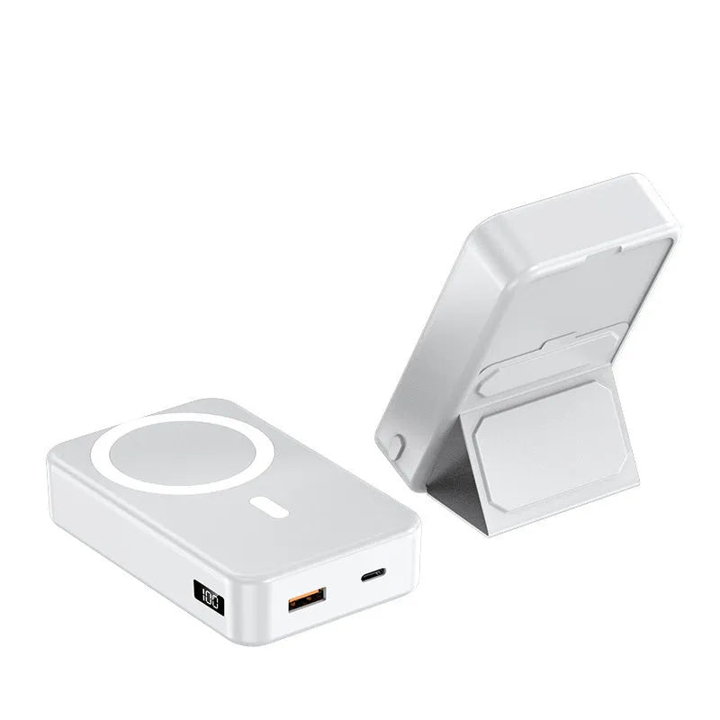 Magnetic wireless charging power bank with folding stand unfolded, shown in navy blue colour.