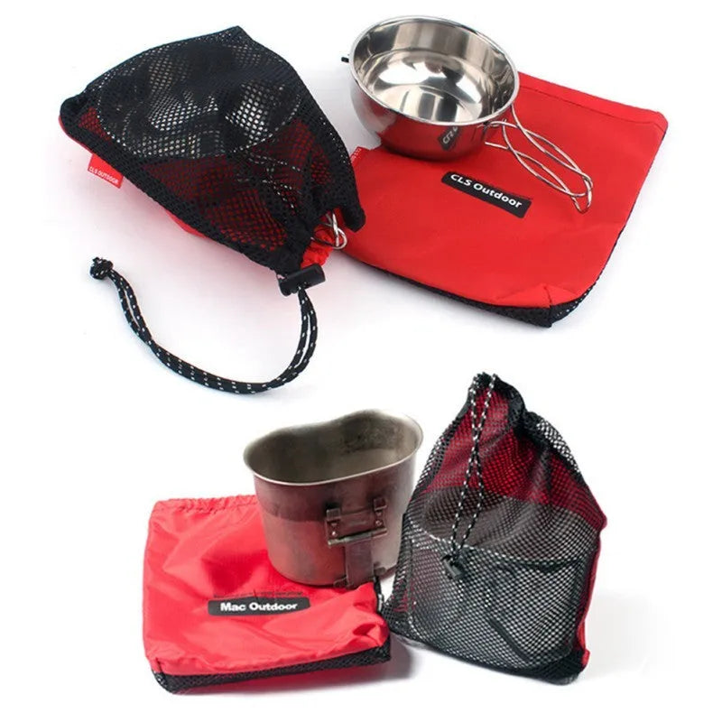 Red outdoor travel storage bag set containing five Oxford cloth and mesh organisers with zipper closures