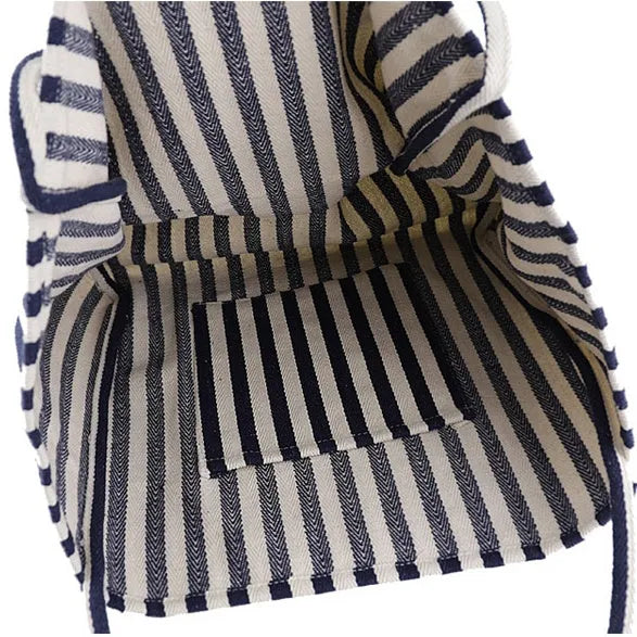 Striped canvas shoulder bag in black, blue, or red with 39cm bottom length, 35cm height, 21cm thickness, and certificate bag.