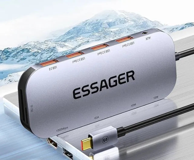 11-in-1 USB-C expansion docking station with Gigabit Ethernet port and a 20cm attached cable.