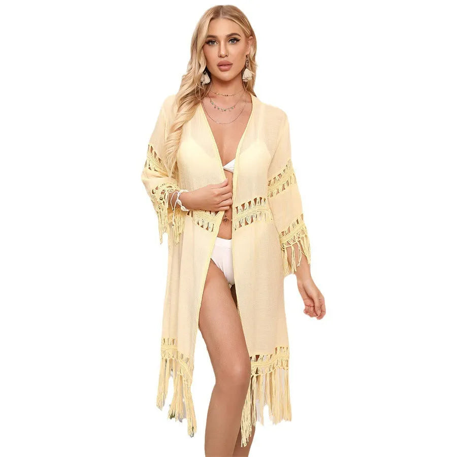 Women's crochet cardigan beach cover-up with tassels in water green colour