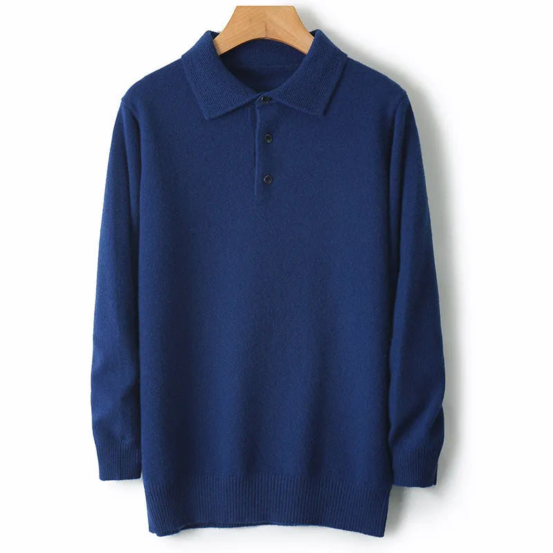 Men's woollen polo collar pullover sweater in assorted colours on a size chart background.