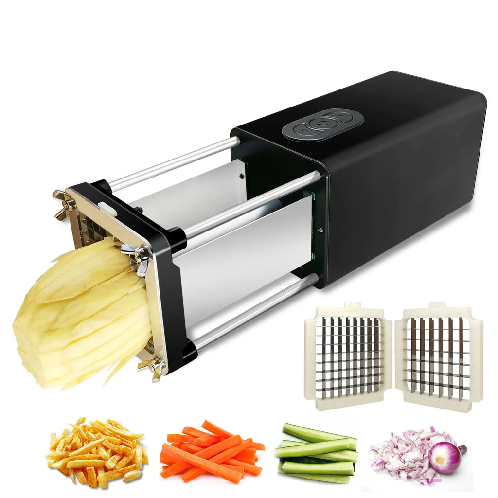 Black electric French fry cutter machine with stainless steel blades on a kitchen counter