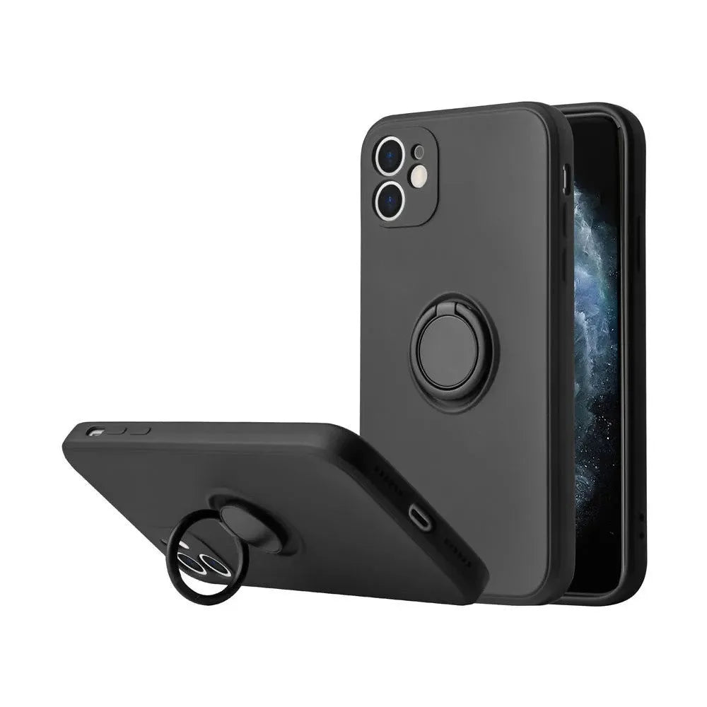 Black silicone iPhone case with a built-in metallic ring bracket on the back, shown fitted to an iPhone 12.