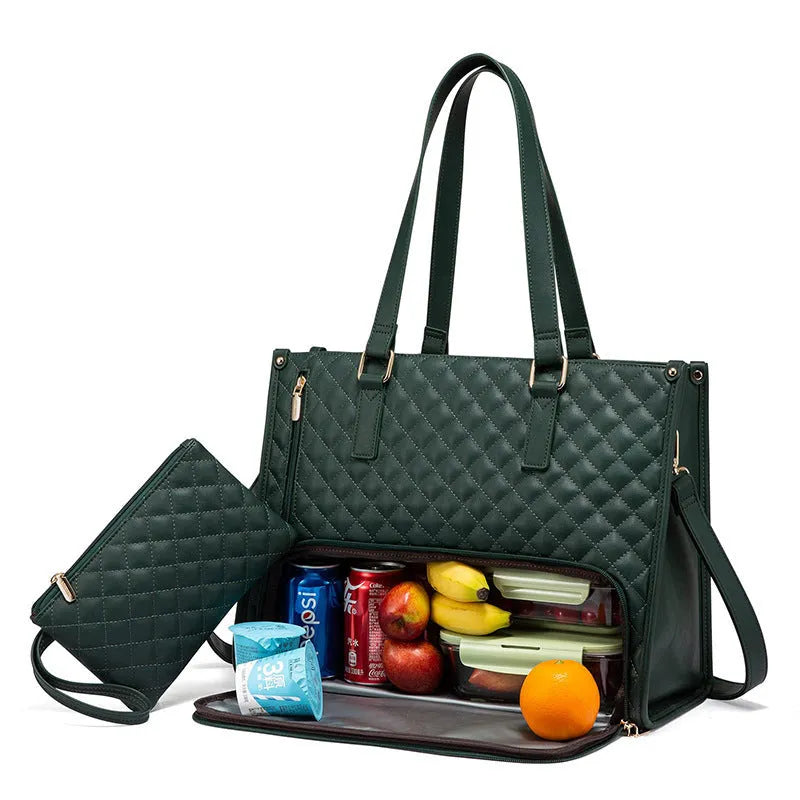 Women's quilted 2-in-1 lunch tote bag 42x32cm in black artificial leather with matching purse and crossbody strap