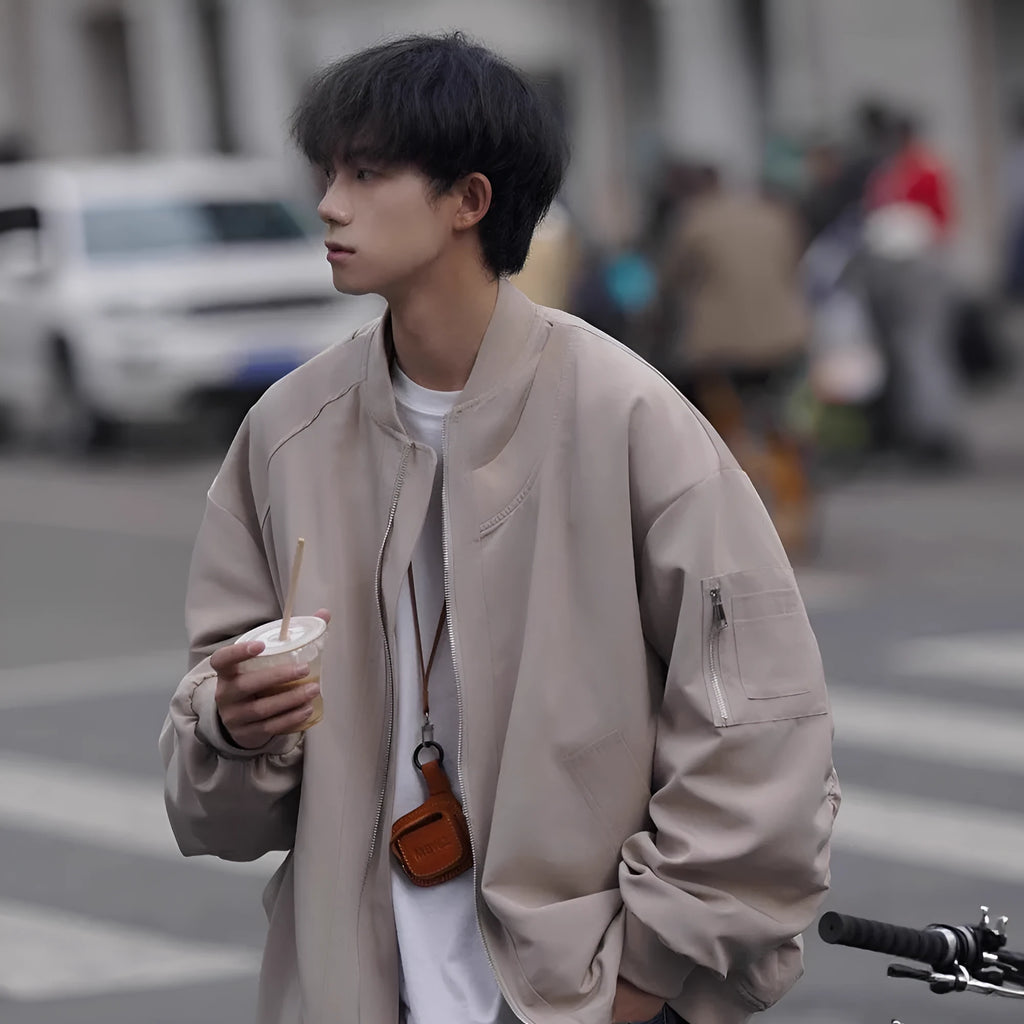 Men's loose pilot jacket in gray, cotton blend polyester, long sleeve, Korean style, spring autumn coat