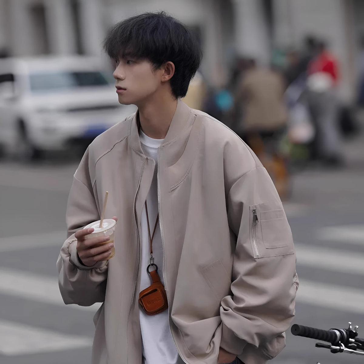 Men's loose pilot jacket in gray, cotton blend polyester, long sleeve, Korean style, spring autumn coat