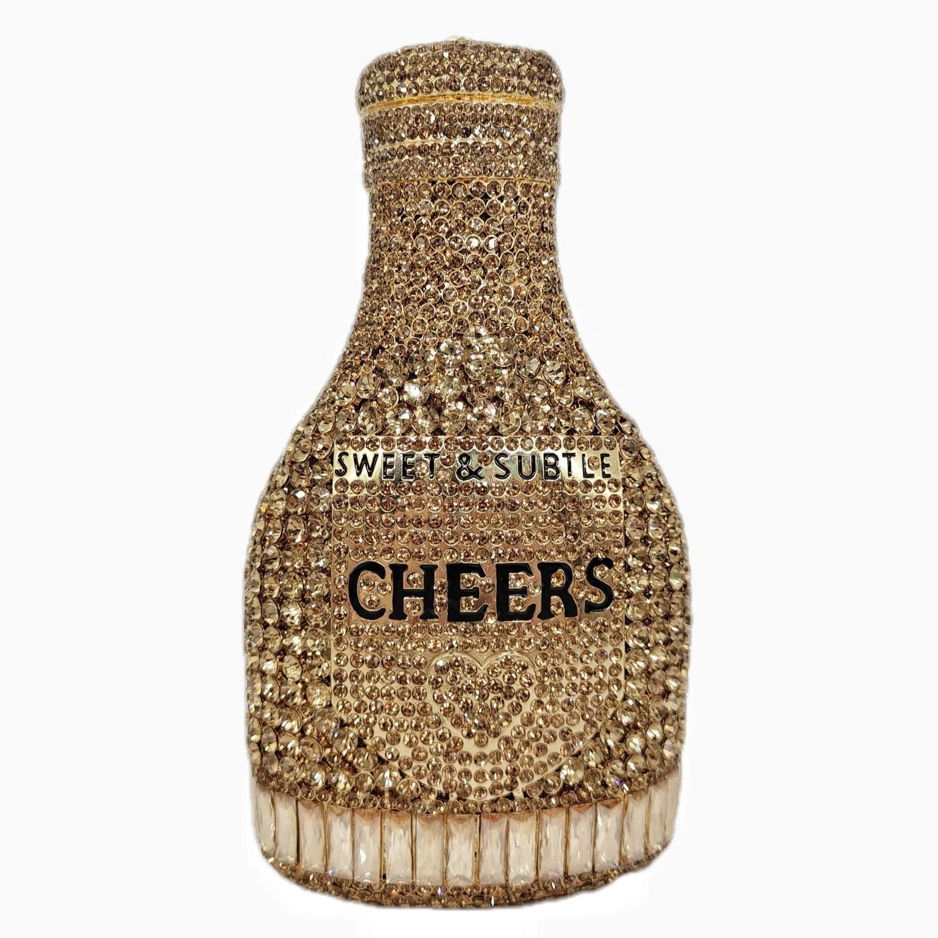 Gold champagne bottle shaped evening clutch with rhinestone decoration on black background