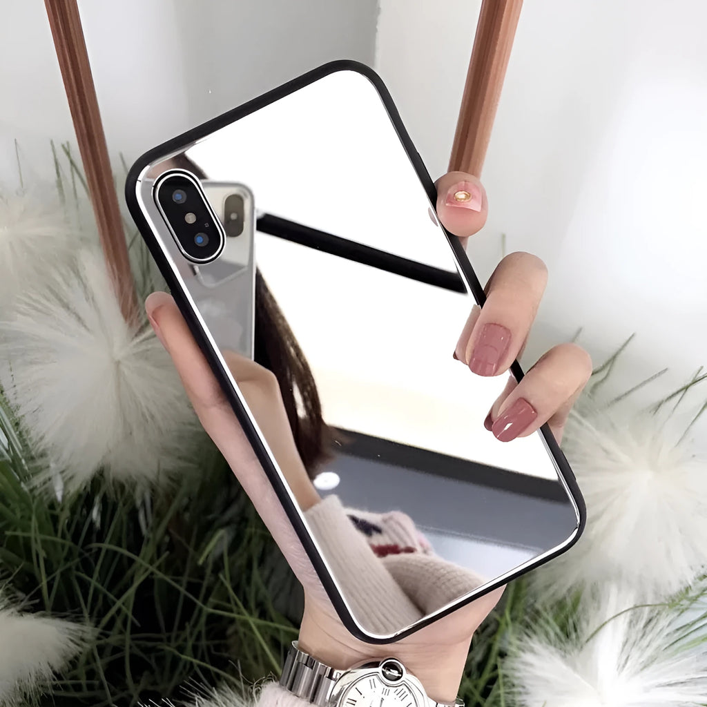 Black compatible iPhone case with integrated mirror for iPhone X, 7 Plus, and 8 Plus models.