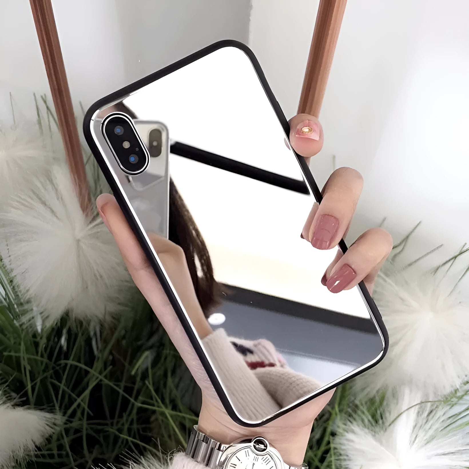 Black compatible iPhone case with integrated mirror for iPhone X, 7 Plus, and 8 Plus models.