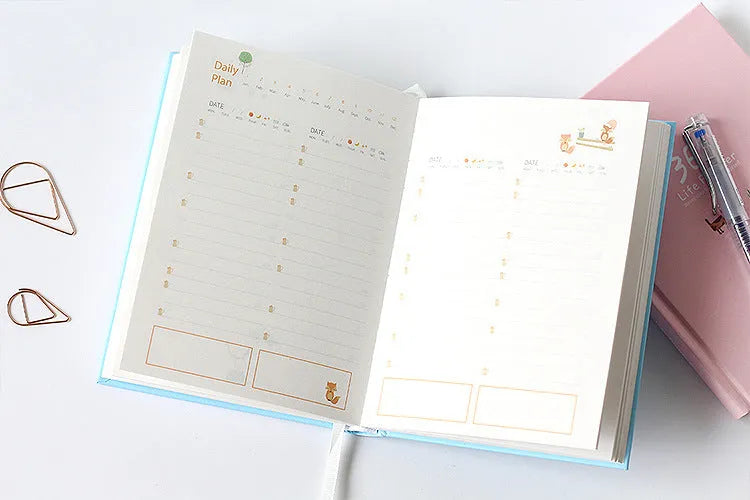 Hardback notebook planner 13.5x18.2cm 228 pages with 365 day plan, dark green or pink cover
