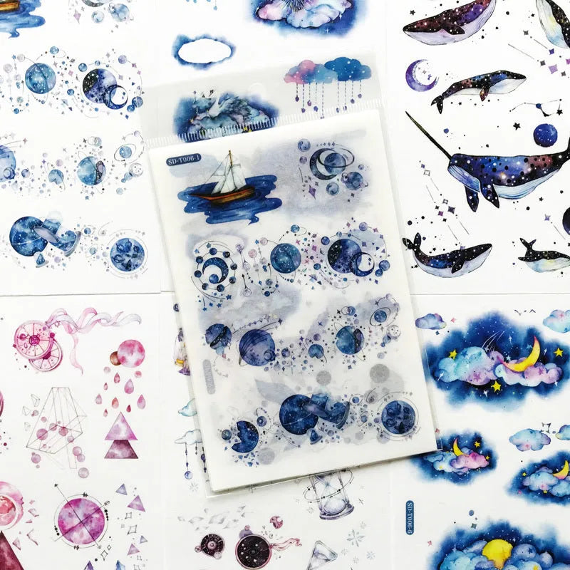 Abu Japanese paper sticker set with fantasy stars design measuring 10.5cm by 14.1cm
