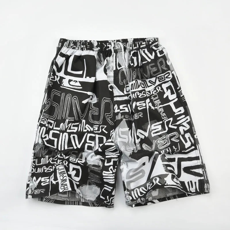 Men's floral print five-point swimming trunks in polyester fabric for pool and beach use