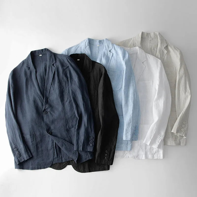 Men's casual linen suit jacket in loose fit with long sleeves showing solid colour options