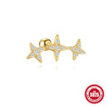 S925 sterling silver red earrings with gold electroplated finish, flower-shaped square gravel stud design