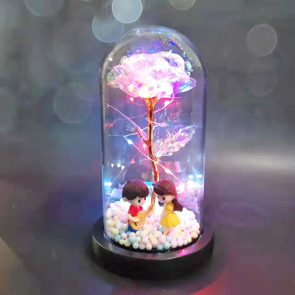 Glass dome eternal rose ornament with LED lights and gold flower for wedding or home decoration