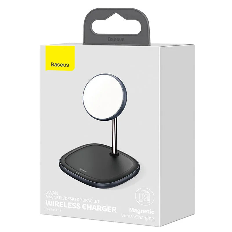 Swan magnetic desktop wireless charger stand for Apple iPhone 12 in black colour with Type-C cable