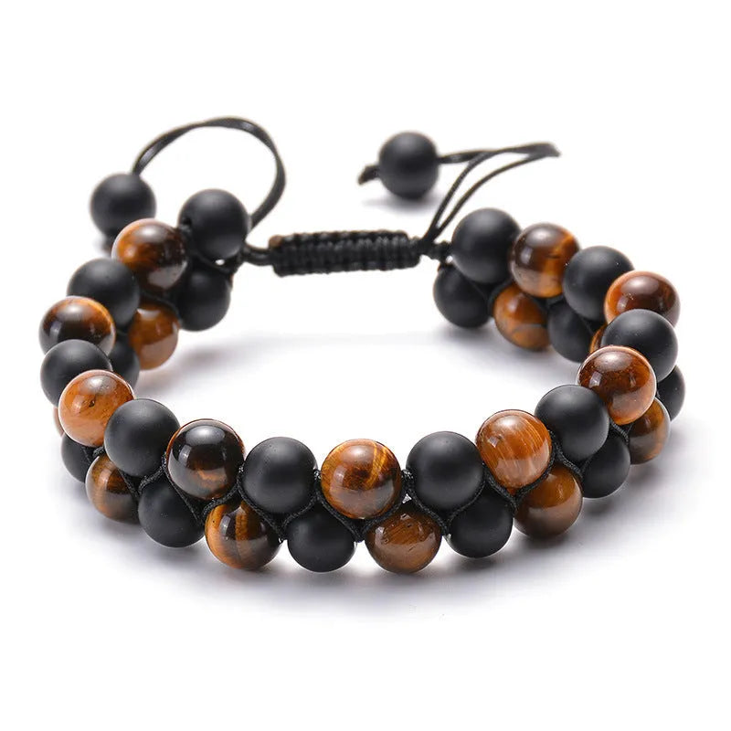 Matte black agate couple bracelets with geometric beads in individually packaged presentation