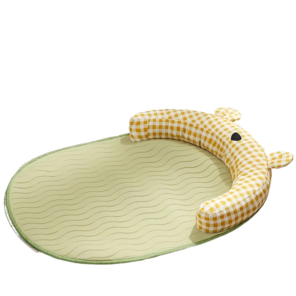 Green and yellow cooling mat for dogs and cats, shown in small, medium, large, and extra-large sizes.