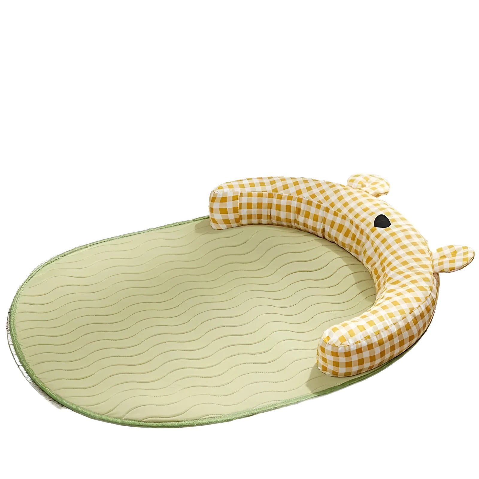 Green and yellow cooling mat for dogs and cats, shown in small, medium, large, and extra-large sizes.