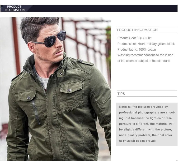 Men's khaki cotton military pilot bomber jacket with badge and side pockets
