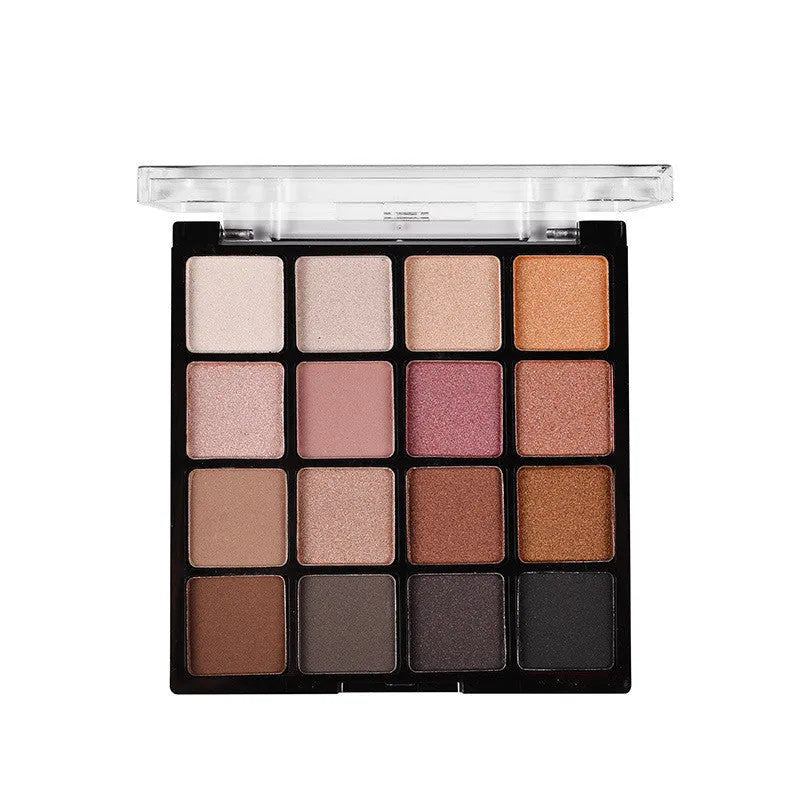 16 colour pearlescent eyeshadow palette in a plastic case, 9.5 x 9.2 x 1.1 cm, four colour options