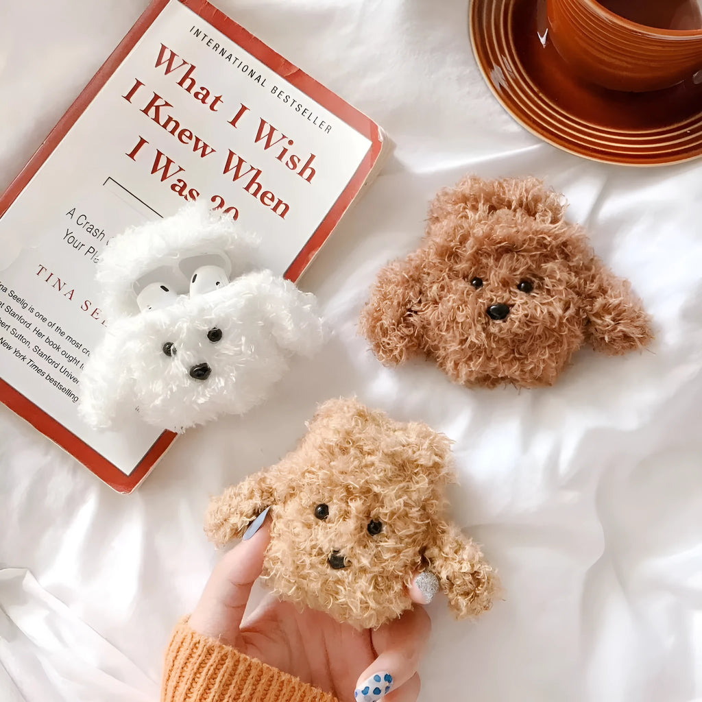 Plush Teddy dog AirPods case cover for AirPods 1st and 2nd generation, cartoon animal design in white, light brown, or dark brown.