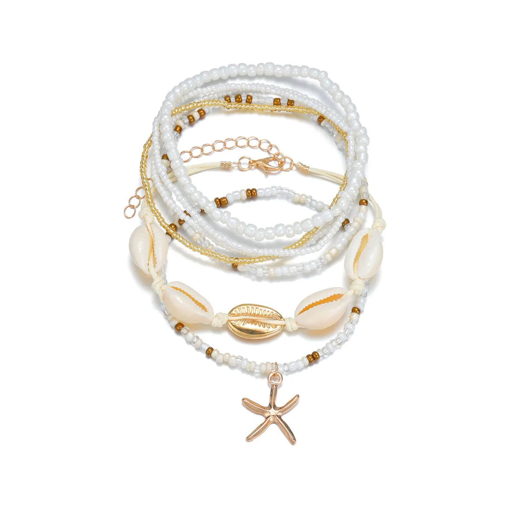 Seven-piece women's anklet set with starfish pendant, shell and rice bead details on woven wax thread, colour XY-4358