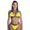 Printed bikini two piece set in polyester, available in yellow, red, black, green, and blue. Wire-free, unpadded design for swimming and wading. Sizes S-XL.