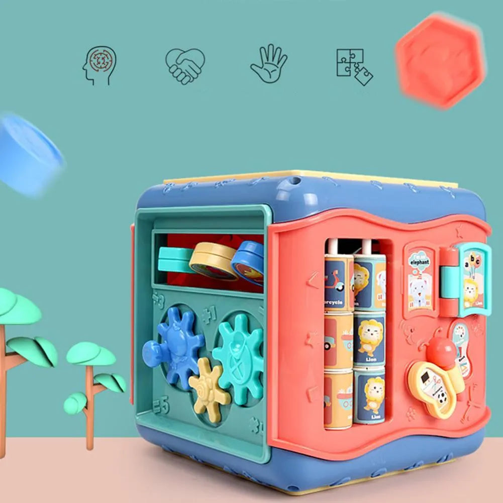 Colourful six-sided baby activity cube with bead maze, clock, and car game panels.