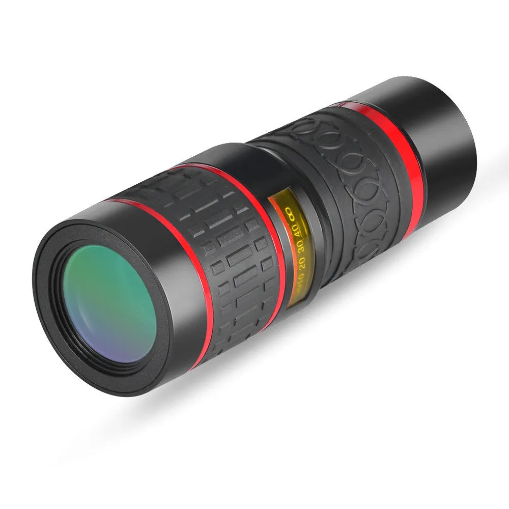 20x magnification mobile phone telephoto lens with universal mounting clip and single eye mask.
