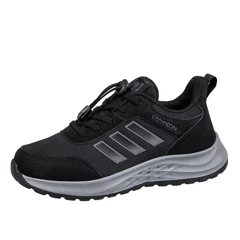 Breathable mesh Mom shoes with elastic band closure in black, purple, purplish red, and dark grey.