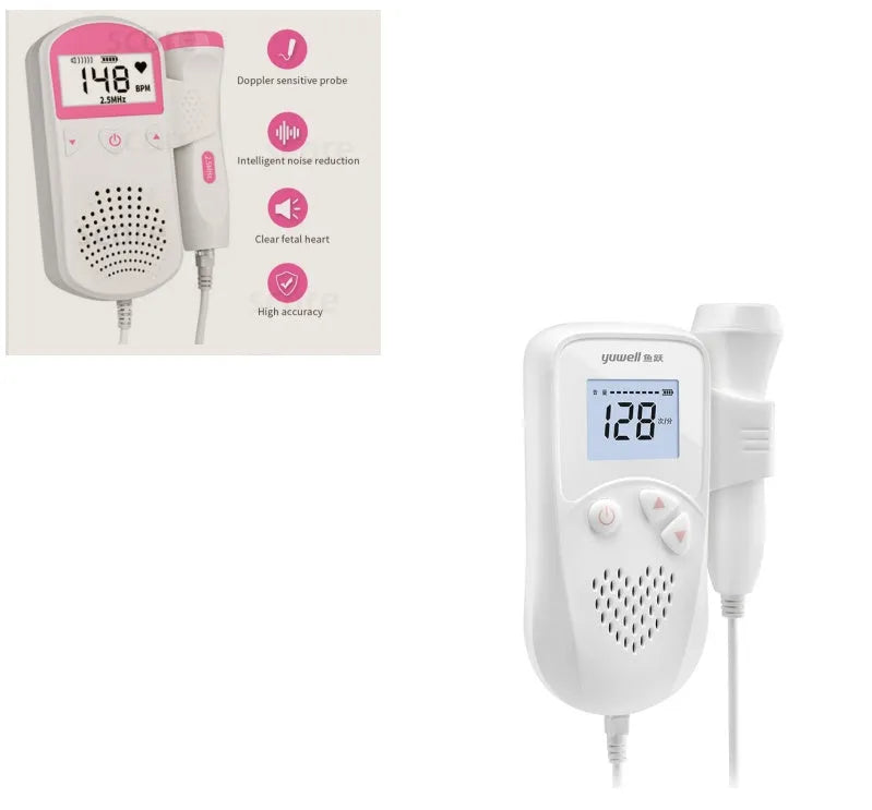 Fetal heart rate monitor with LCD screen and 2.5MHz waterproof probe on a pink background
