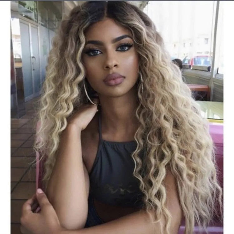 Deep wave wig brown colour 26 inch long curly synthetic hair centre parting ladies wig