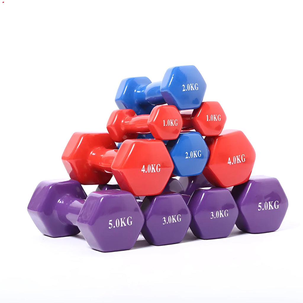 Bright colour plastic-coated fitness dumbbells in 0.5kg, 1kg and 1.5kg weights for home exercise