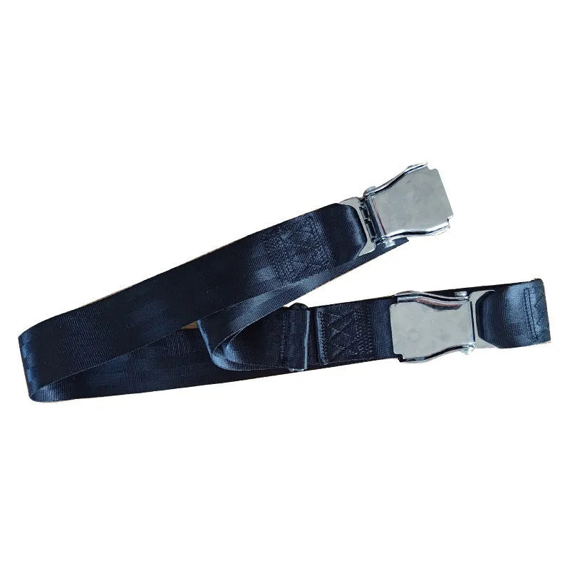 Black polyester pregnancy seat belt extender with double aircraft buckle installed on a car seat