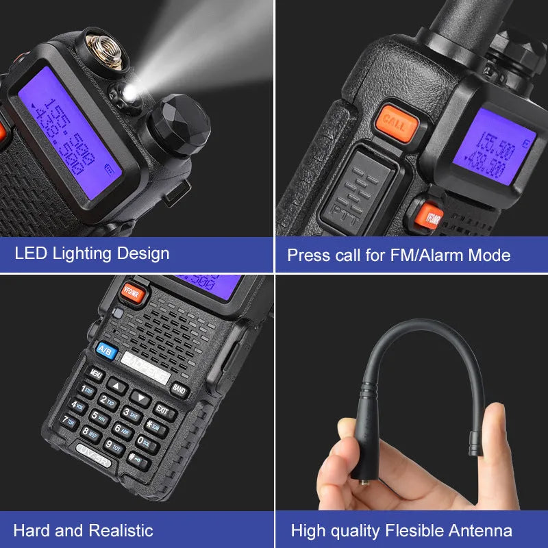 Compact black walkie talkie with LCD display, shown with its antenna extended.