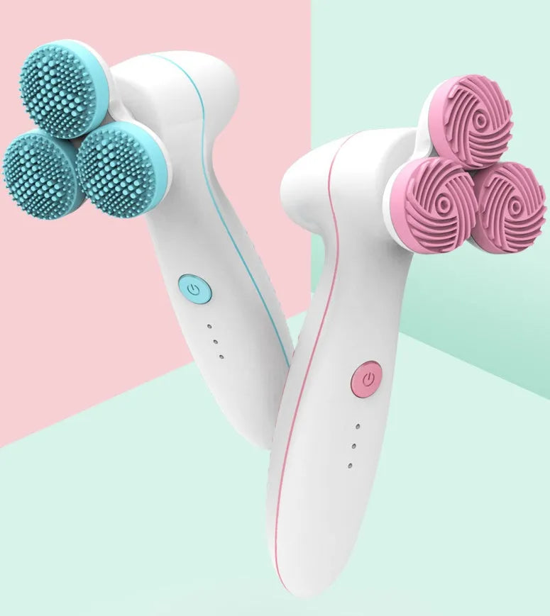 Three round 3D silicone facial cleansing instrument with double cleaning action, V-shaped muscle fit design, blue or pink