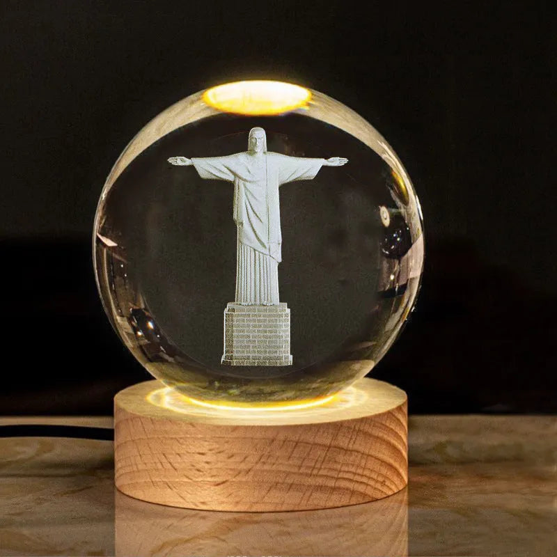 6cm white crystal religious ornament on wooden base with warm lighting