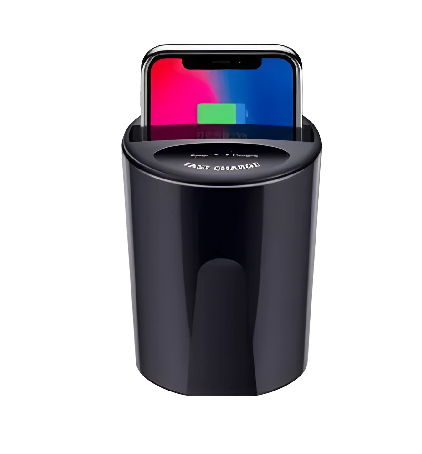 Black X9 car wireless charging cup holder mount with QI charging surface and USB/Type-C ports