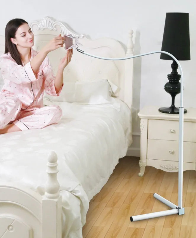 Black mobile phone bed bracket with clamp mount and overhead support shelf for bedside use