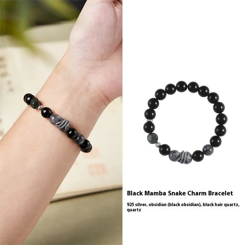 Men's black S925 sterling silver bracelet with obsidian stone and snake year charm