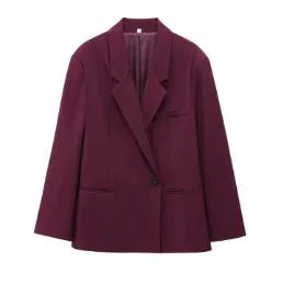 Women's double-breasted loose casual suit coat in solid red polyester with regular sleeves, sizes XS to L