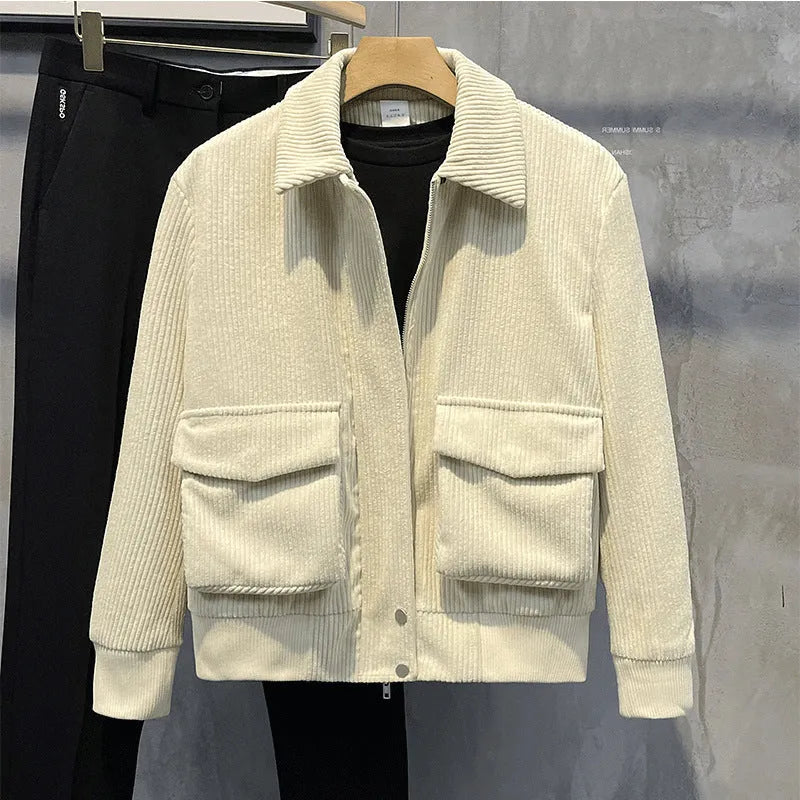 Corduroy coat for men, loose fit, drawstring sleeves, green colour, front view with relaxed silhouette