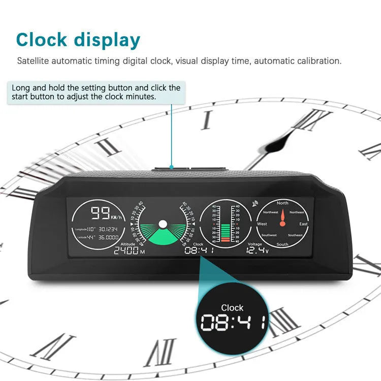 GPS GO 2 black car heads-up display showing speed, gradient angles, and compass on a colour LCD screen.