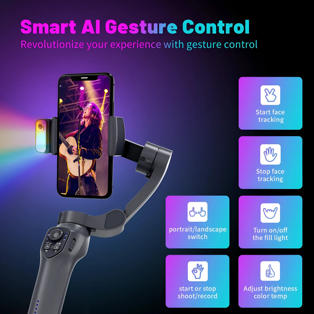 Foldable handheld phone camera stabilizer gimbal in gun colour with USB port.