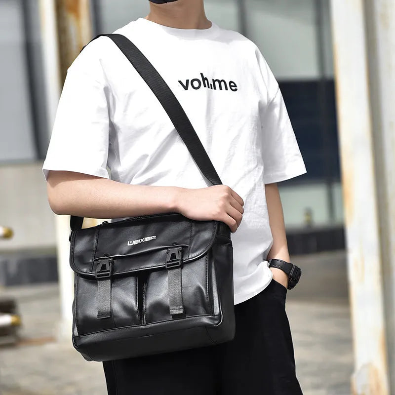 Men's black PU leather messenger bag with crossbody strap and large capacity for business travel