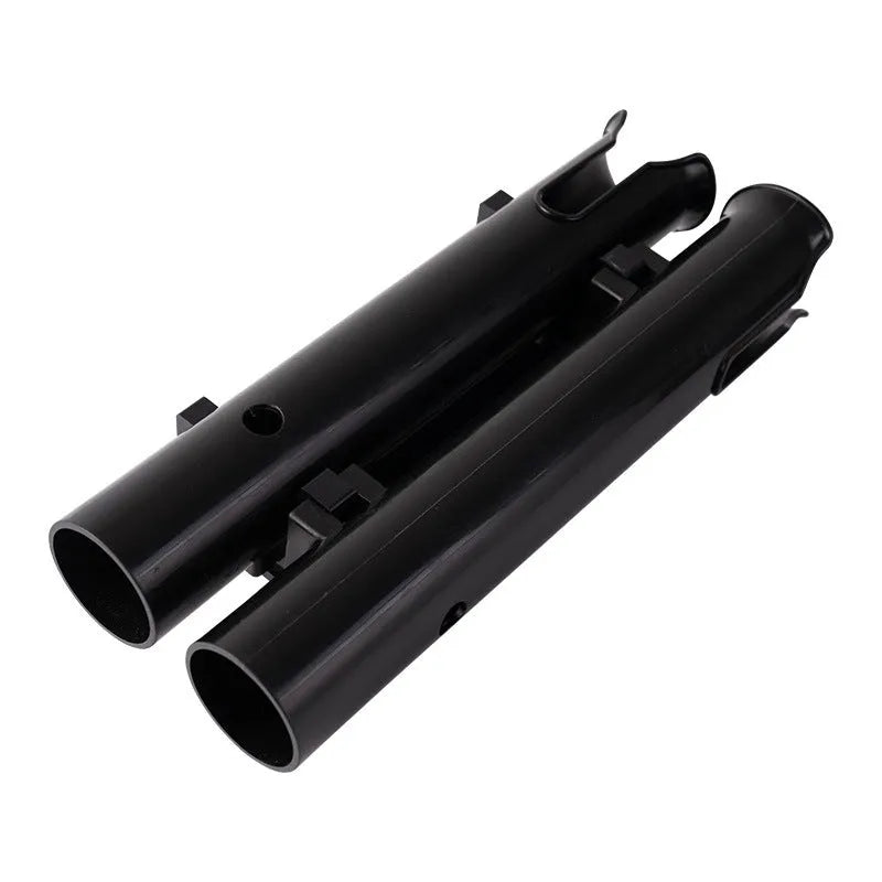 Plastic fishing rod rack with pipe clamp mounted on a bicycle frame
