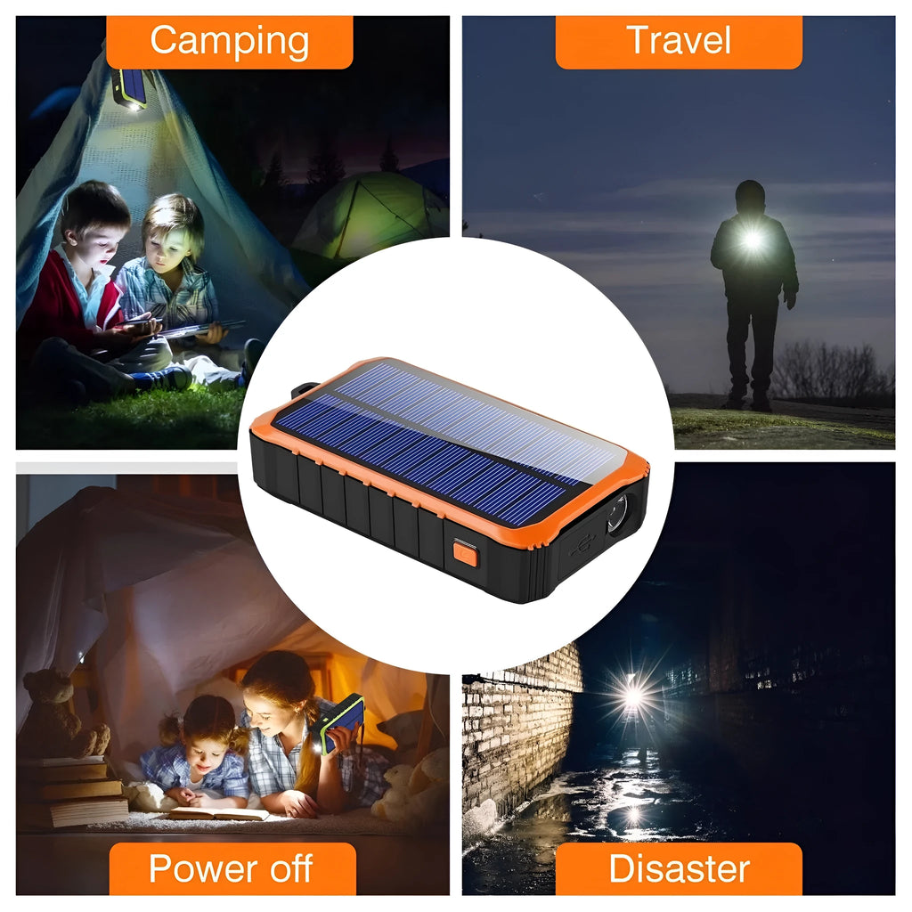 Green solar hand crank power bank with 12000mAh capacity showing USB ports and emergency LED light
