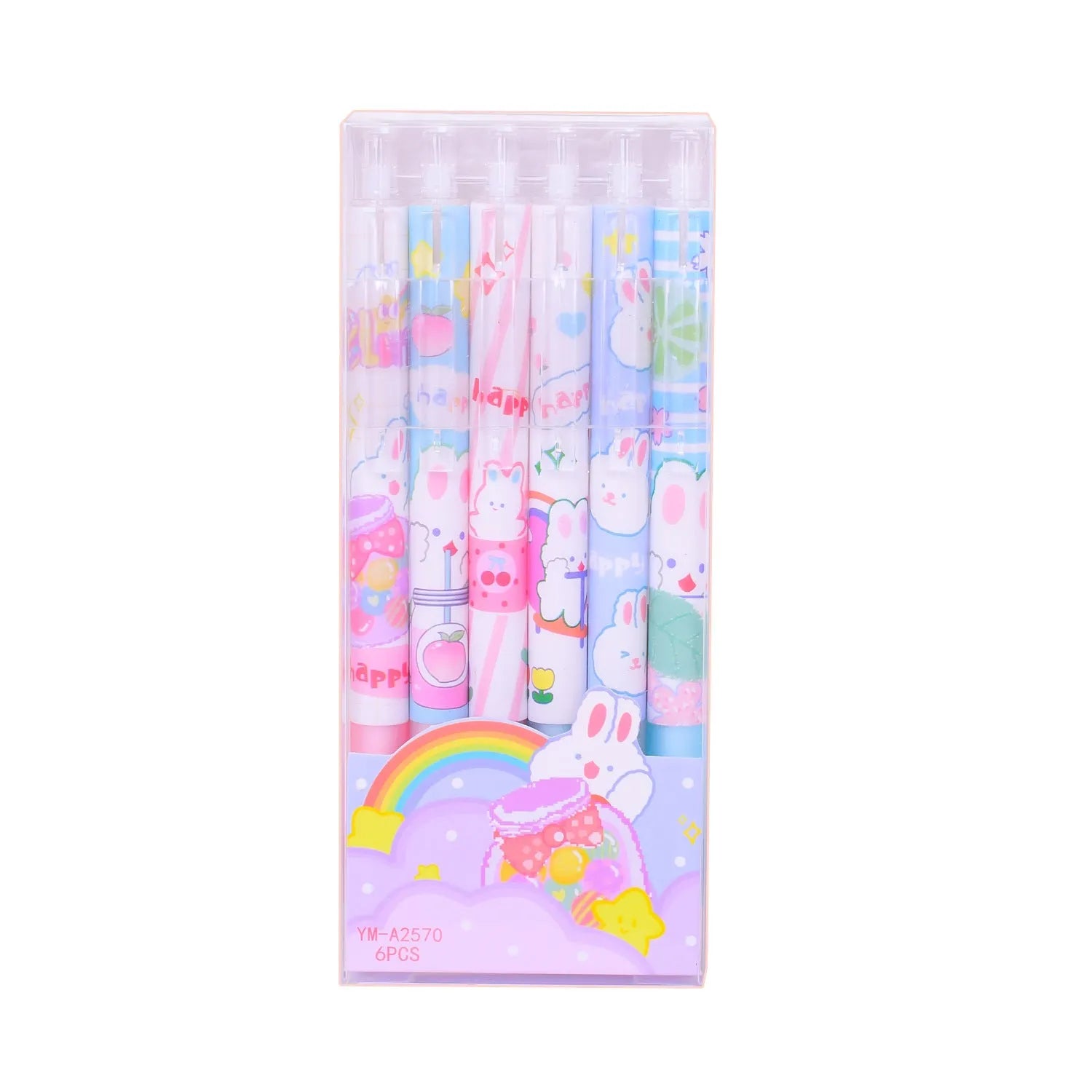 Six cartoon bunny decorated black ballpoint pens with 0.5mm tips on a white background.